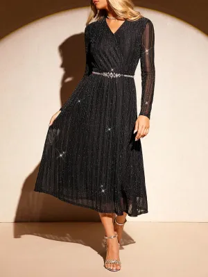 TAMIR V-Neck Long Sleeve A-Line Lurex Fabric Midi Dress