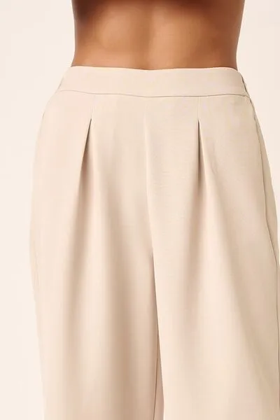 Tan Inverted Pleat Detail Wide Leg Pants