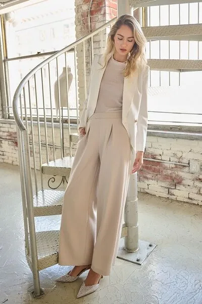 Tan Inverted Pleat Detail Wide Leg Pants