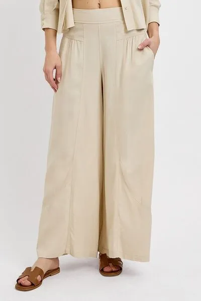 Taupe Shirring Detail Wide Leg Pants