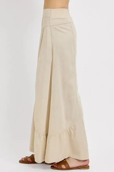 Taupe Shirring Detail Wide Leg Pants