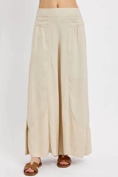 Taupe Shirring Detail Wide Leg Pants