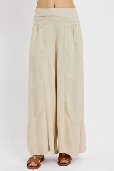 Taupe Shirring Detail Wide Leg Pants
