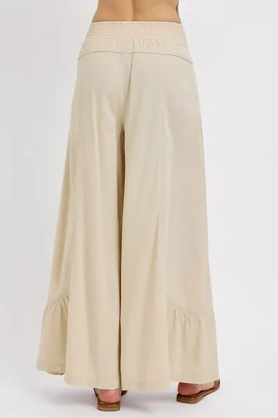 Taupe Shirring Detail Wide Leg Pants