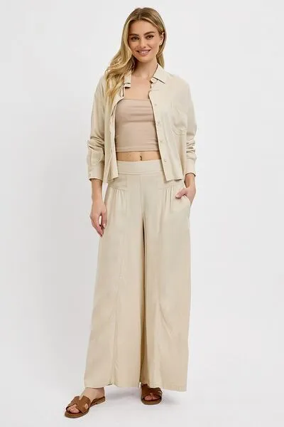 Taupe Shirring Detail Wide Leg Pants
