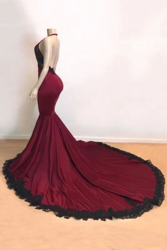 V-neck Open Back Appliques Burgundy Mermaid Prom Dress