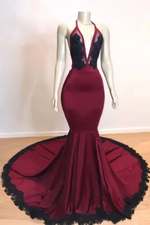 V-neck Open Back Appliques Burgundy Mermaid Prom Dress