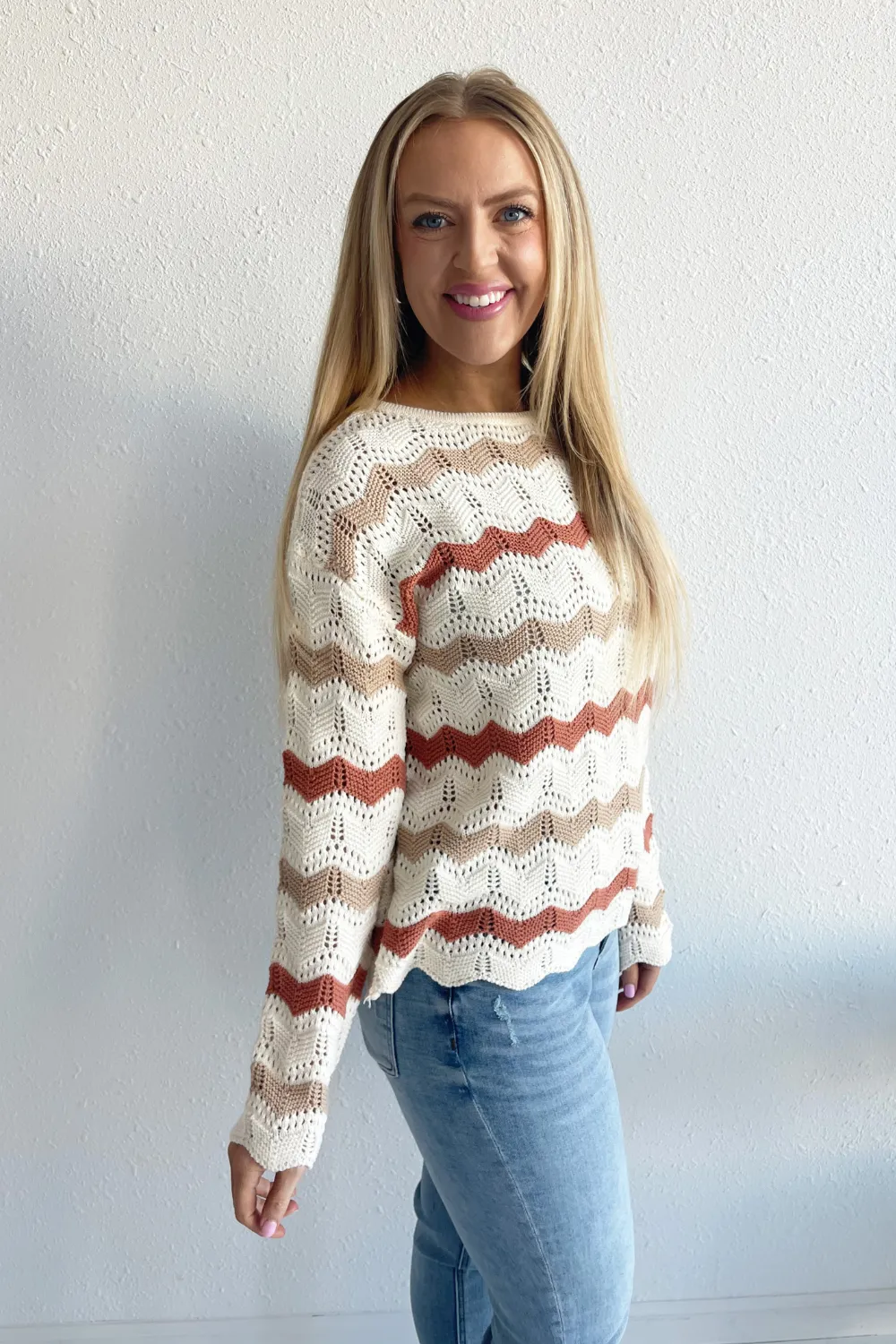 Wavy Striped Crochet Knit Sweater