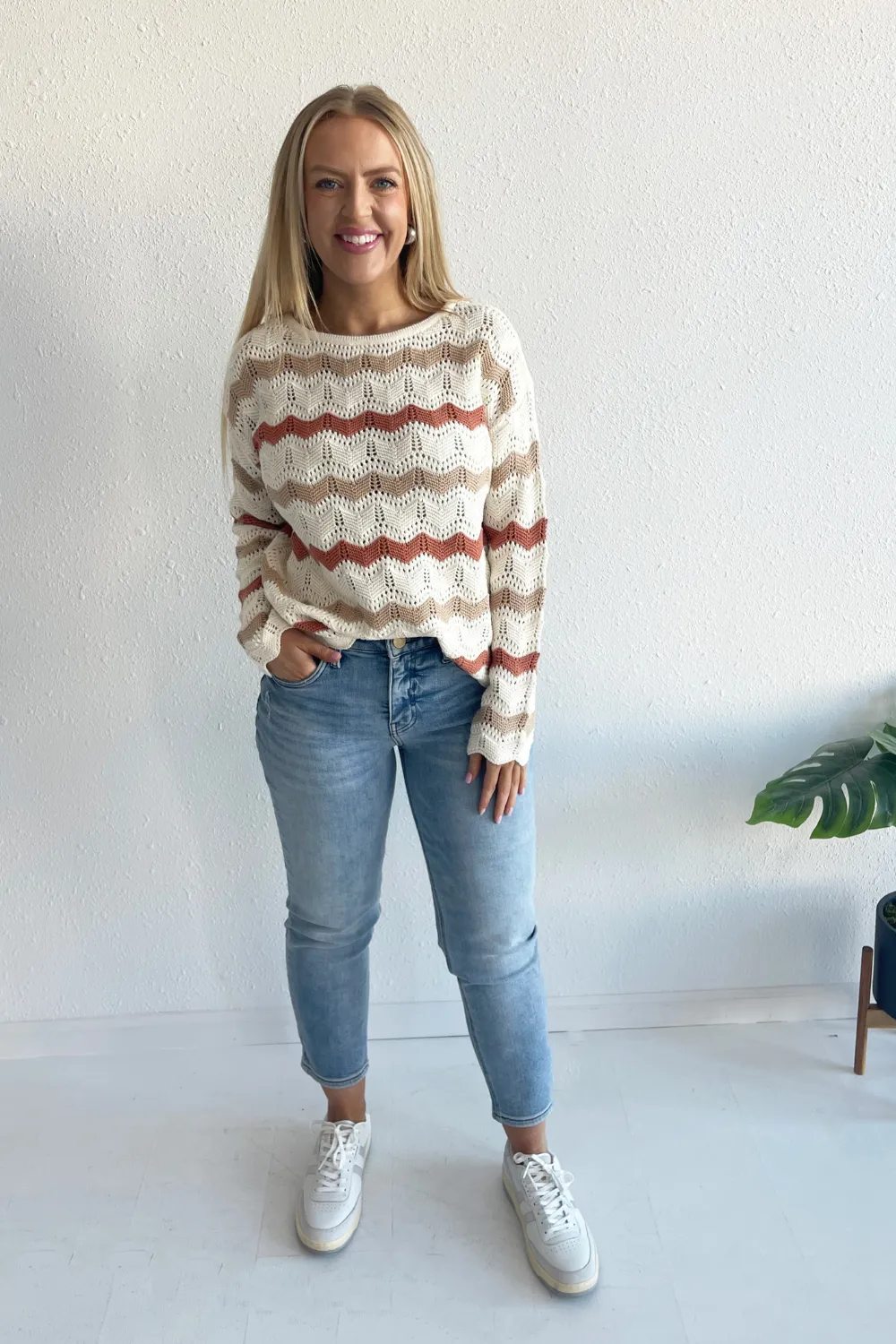 Wavy Striped Crochet Knit Sweater