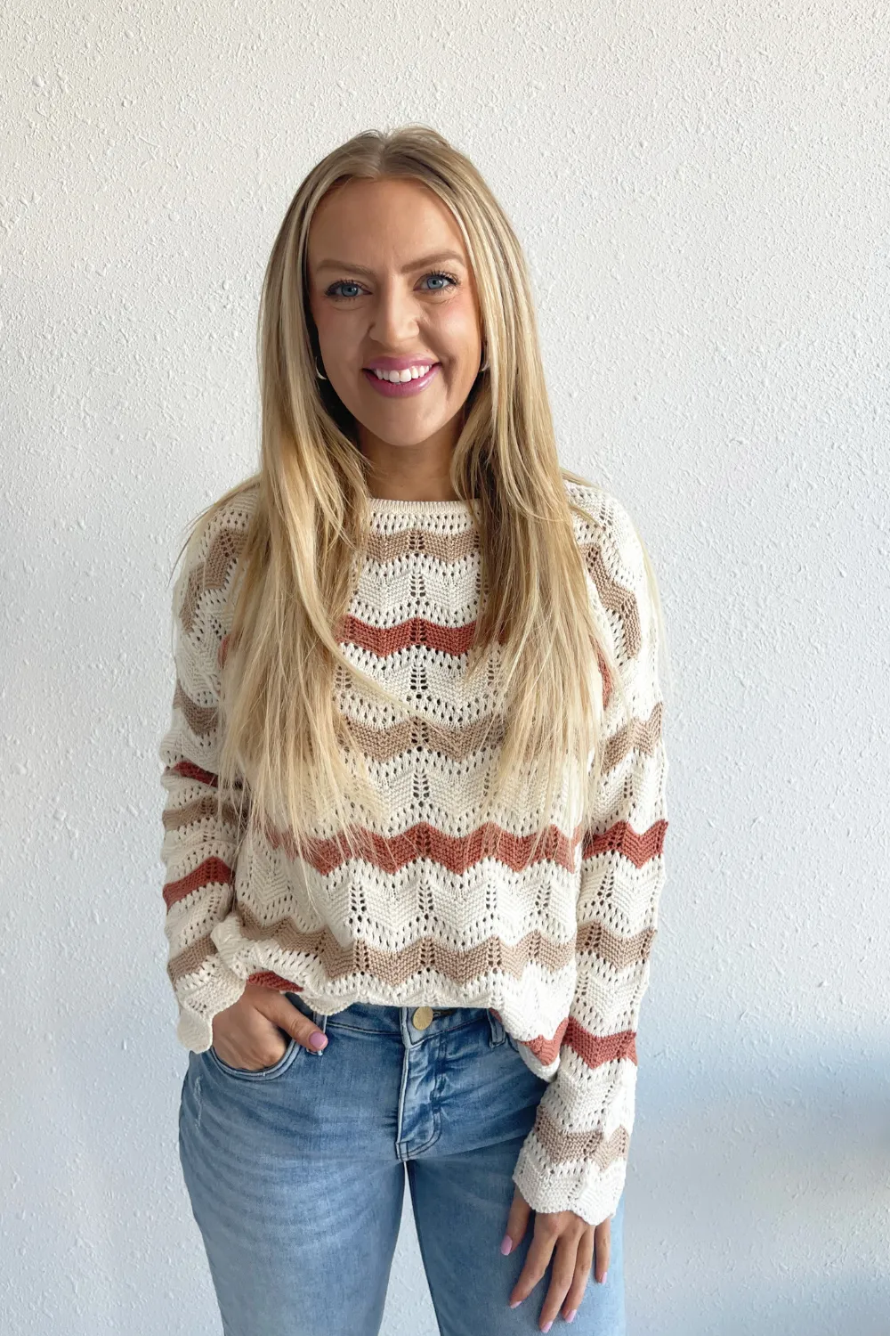 Wavy Striped Crochet Knit Sweater