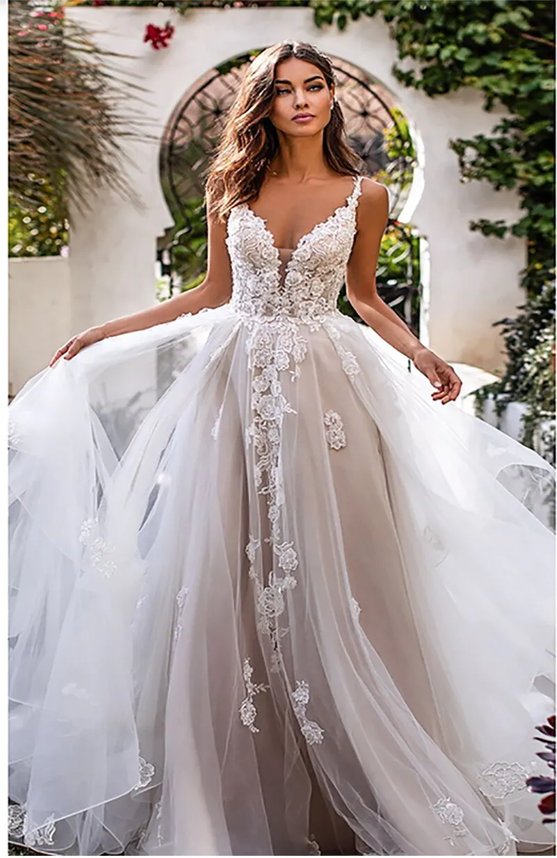 Wedding Dress 3D Flowers Spaghetti Strap Bride Dresses