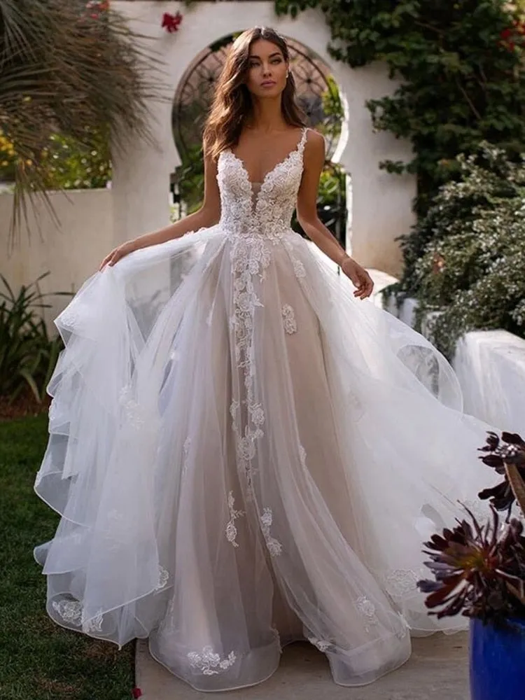 Wedding Dress 3D Flowers Spaghetti Strap Bride Dresses