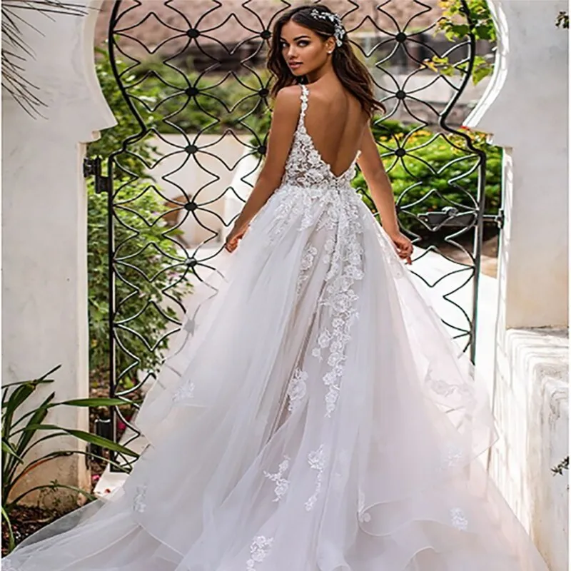 Wedding Dress 3D Flowers Spaghetti Strap Bride Dresses