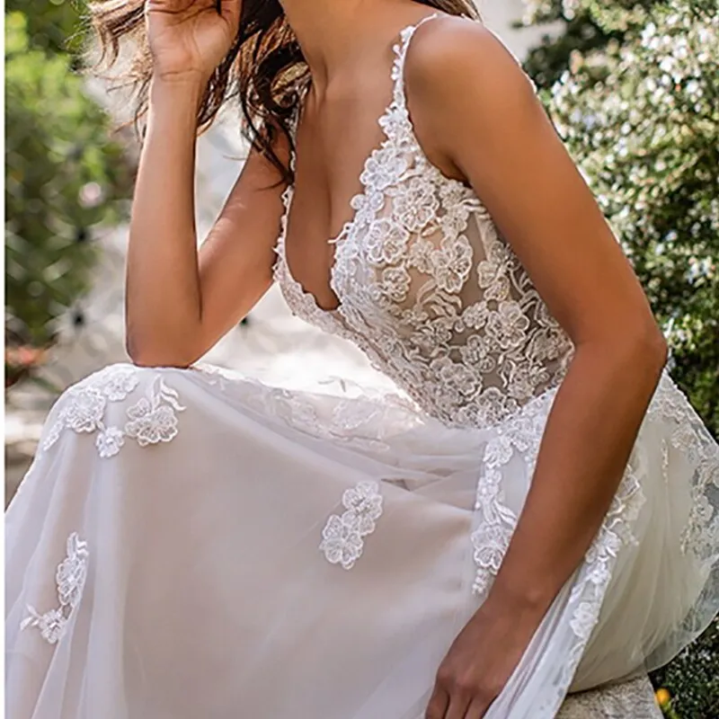 Wedding Dress 3D Flowers Spaghetti Strap Bride Dresses