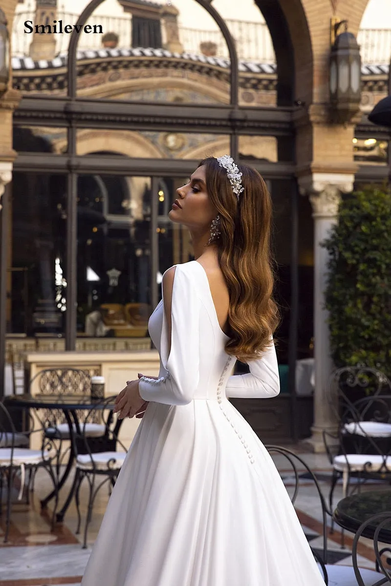 Wedding Dresses Long Sleeve Backless Caftan Elegant Bride Dress