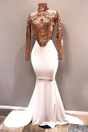 White High Neck Long Sleeve Gold Sequins Mermaid Prom Dress