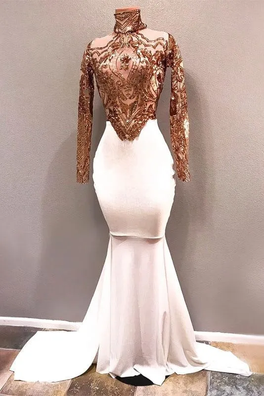 White High Neck Long Sleeve Gold Sequins Mermaid Prom Dress