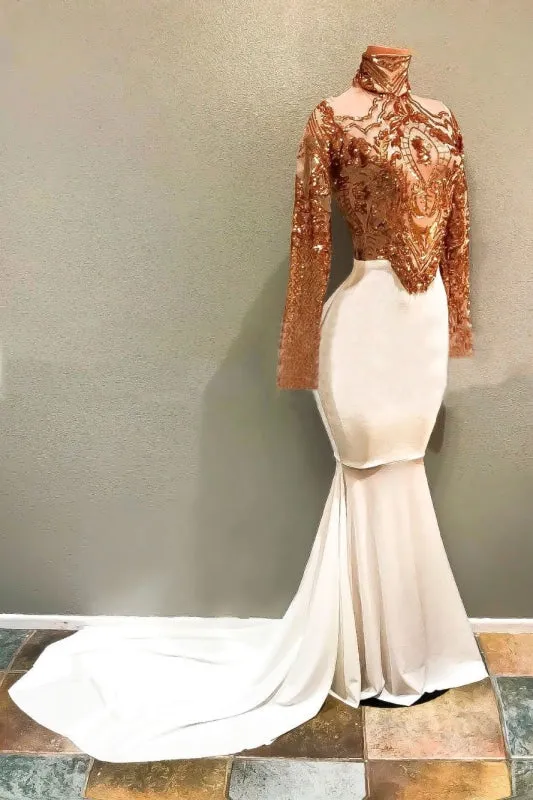 White High Neck Long Sleeve Gold Sequins Mermaid Prom Dress