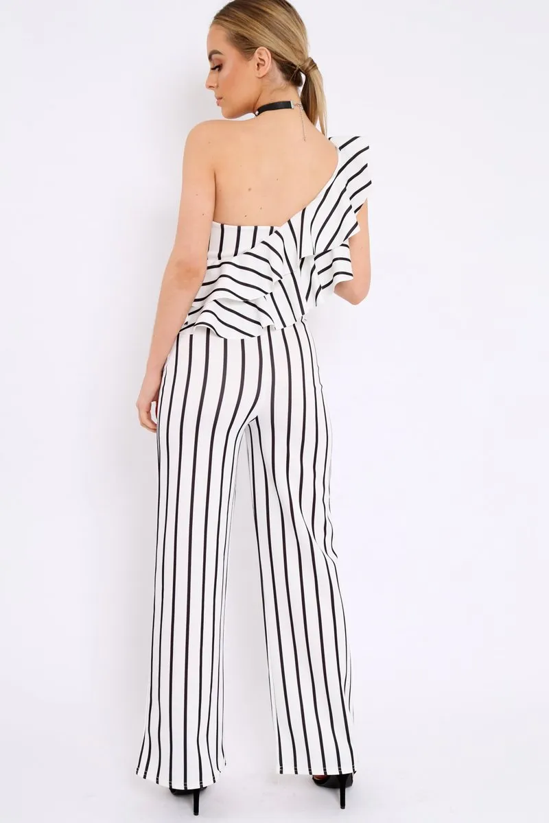 White Striped One Shoulder Ruffle Jumpsuit - Shelley