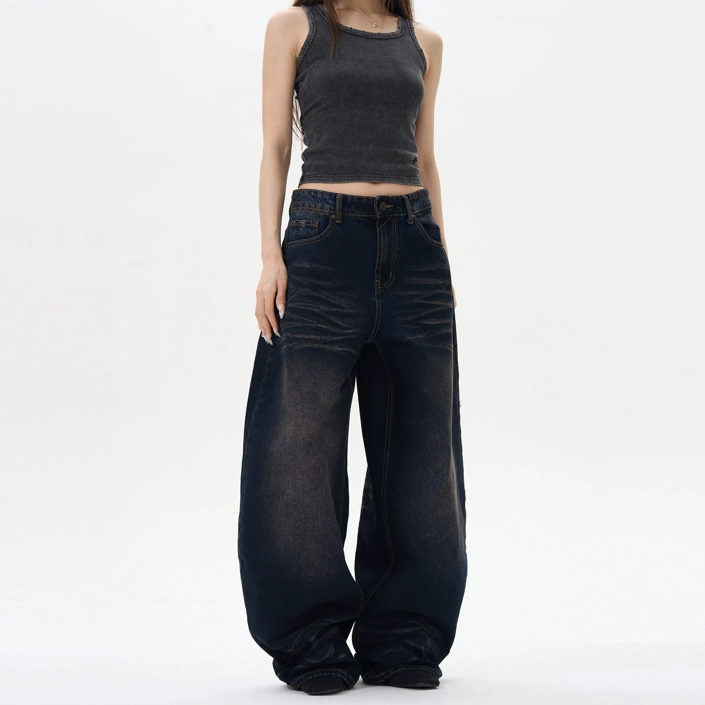 Wide-Leg Washed Denim Pants