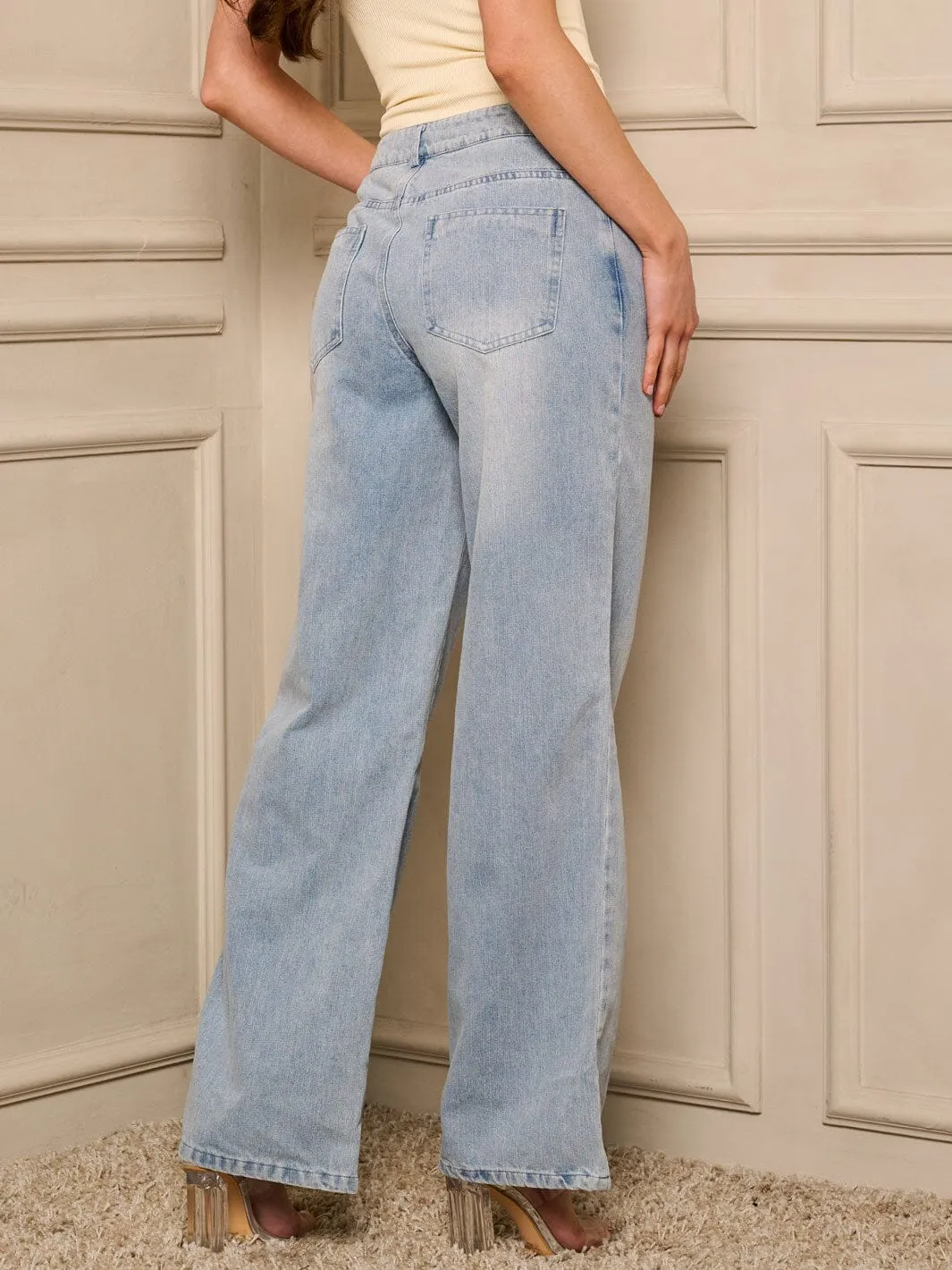 WOMEN'S BUTTON CLOSURE POCKETS WASHED DENIM PANTS