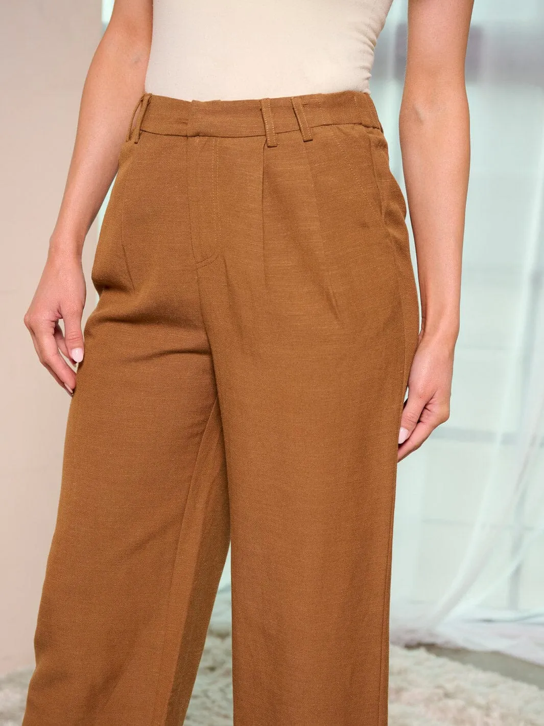 WOMEN'S BUTTON CLOSURE POCKETS WIDE LEG PANTS