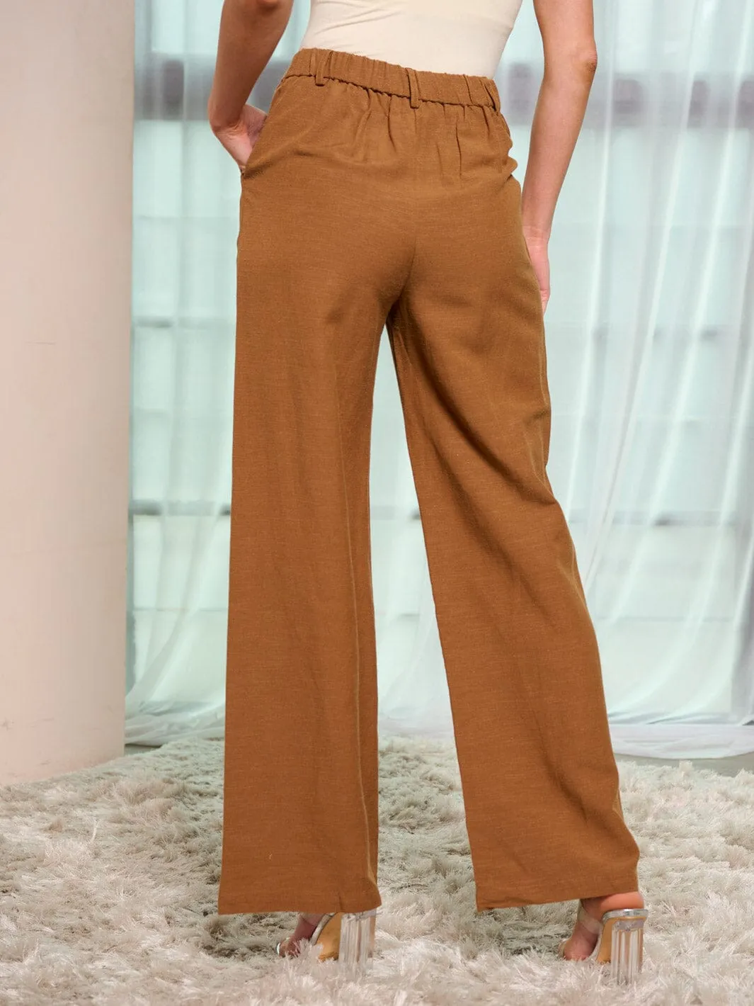 WOMEN'S BUTTON CLOSURE POCKETS WIDE LEG PANTS