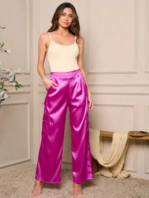 WOMEN'S HIGH WAIST POCKETS WIDE LEG SATIN PANTS