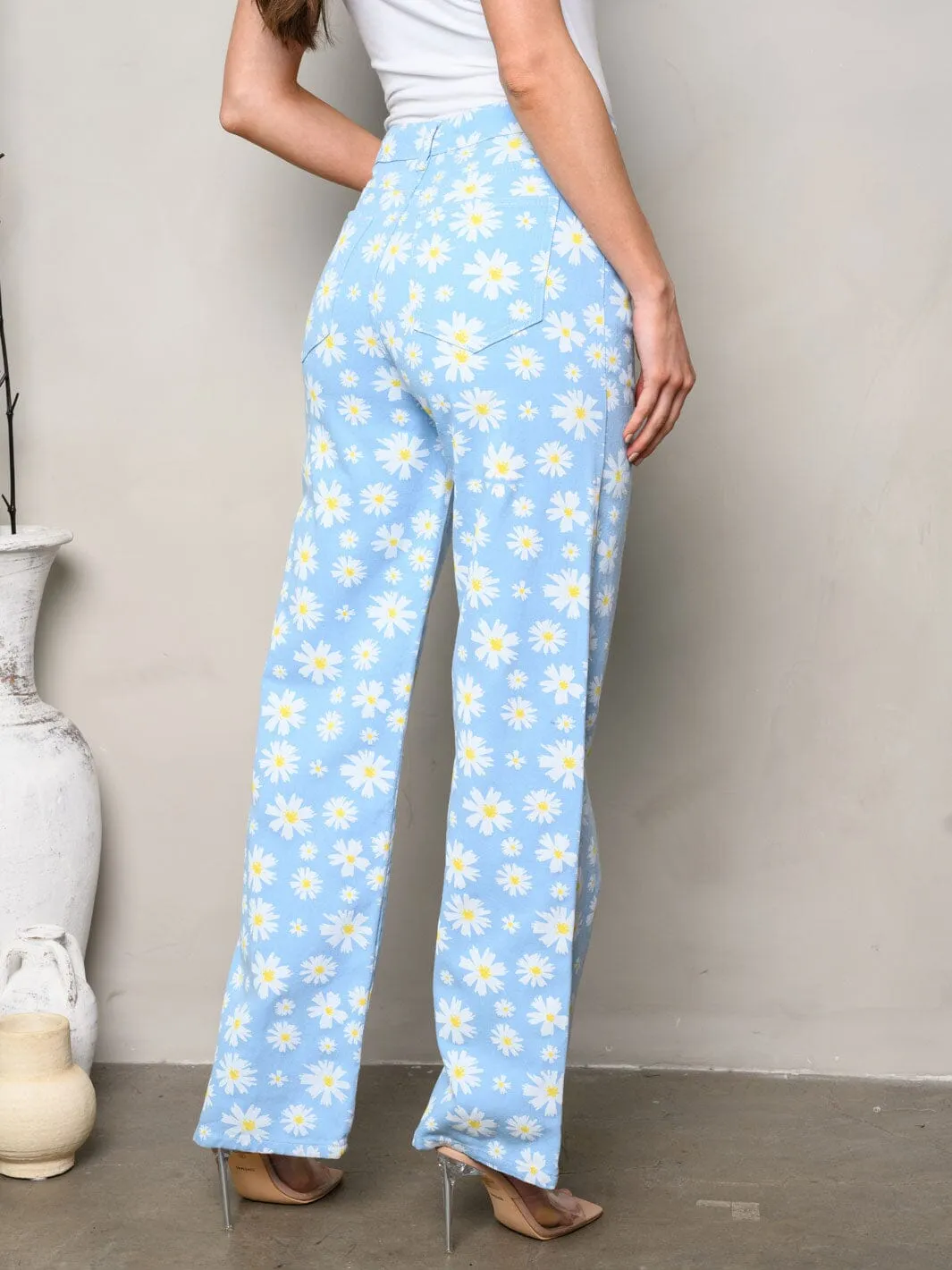 WOMEN'S WIDE LEG POCKETS FLORAL DENIM PANTS