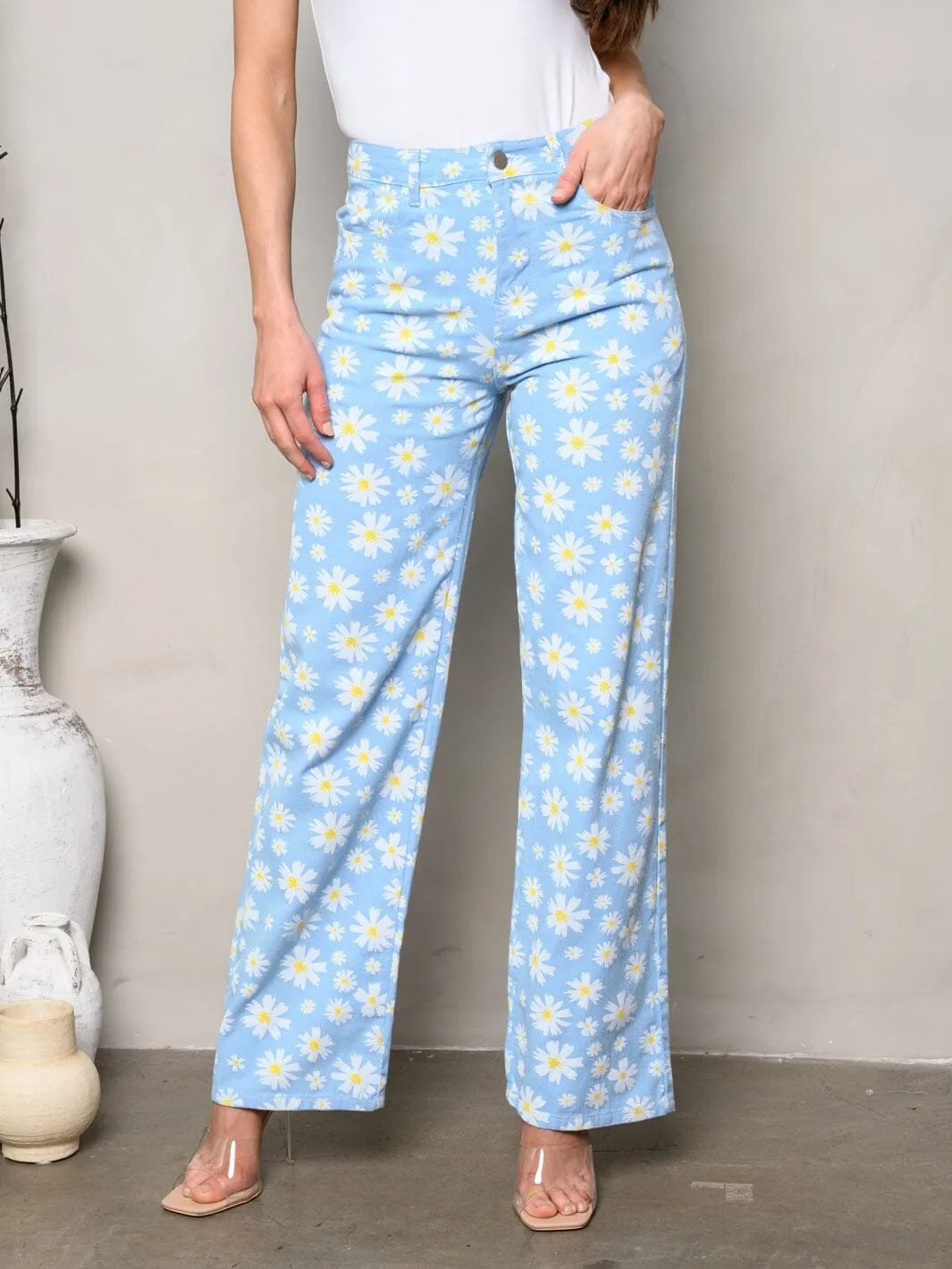 WOMEN'S WIDE LEG POCKETS FLORAL DENIM PANTS