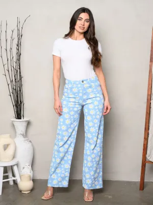 WOMEN'S WIDE LEG POCKETS FLORAL DENIM PANTS