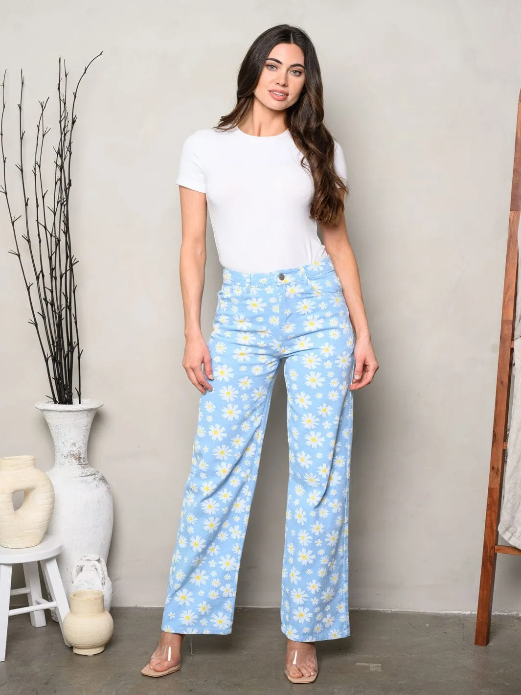 WOMEN'S WIDE LEG POCKETS FLORAL DENIM PANTS