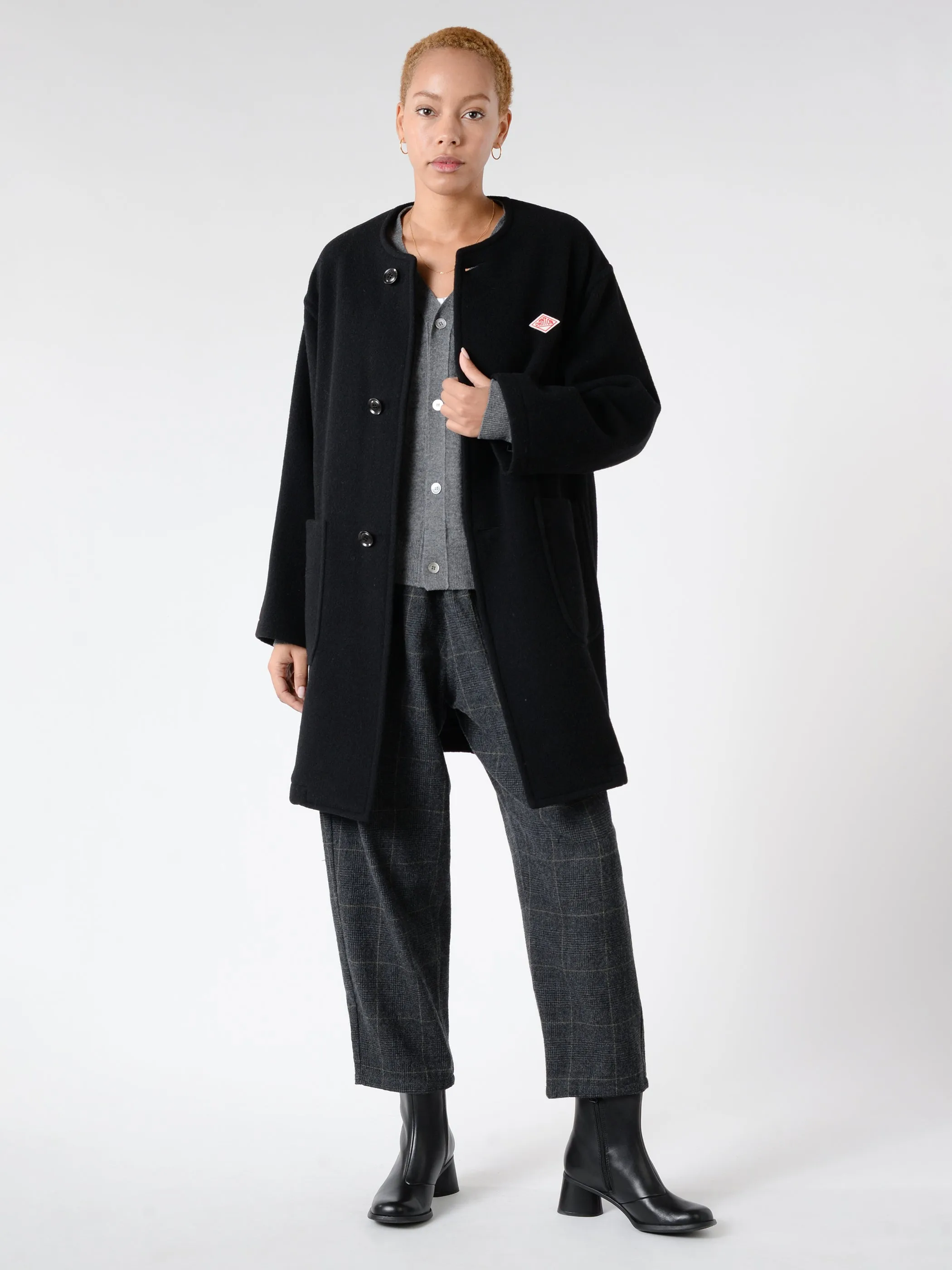 Women's Wool Light Pile Collarless Crew Neck Coat