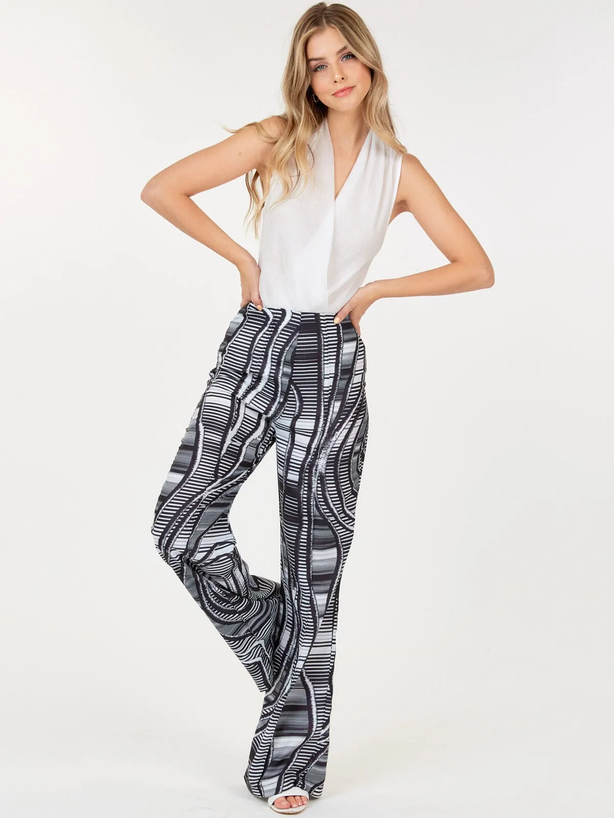 WOMEN'S ZIP UP MULTI PRINT WIDE LEG PANTS