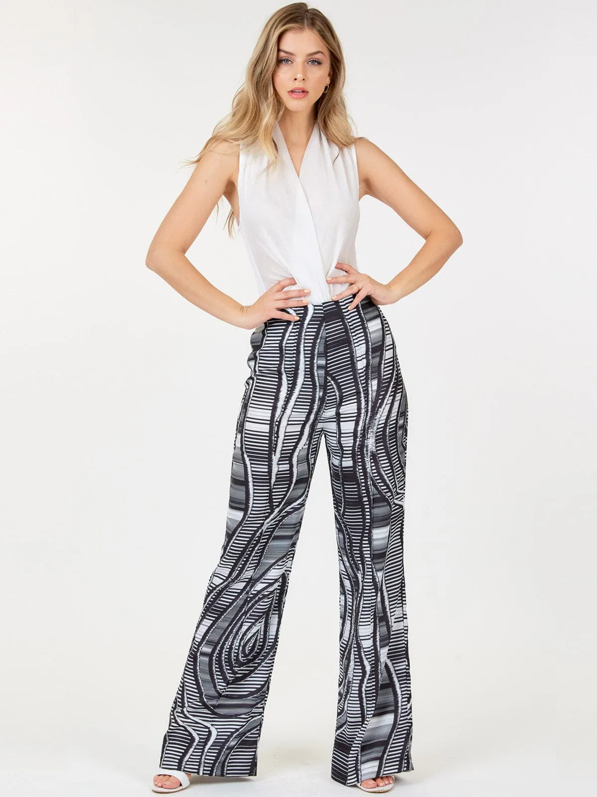 WOMEN'S ZIP UP MULTI PRINT WIDE LEG PANTS