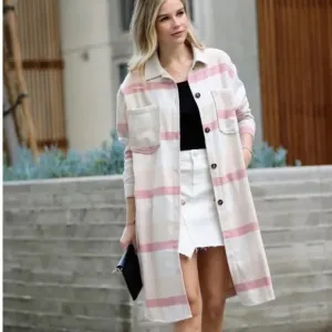Wool Blended Plaid Jacquard Long Shirt Jacket Shacket