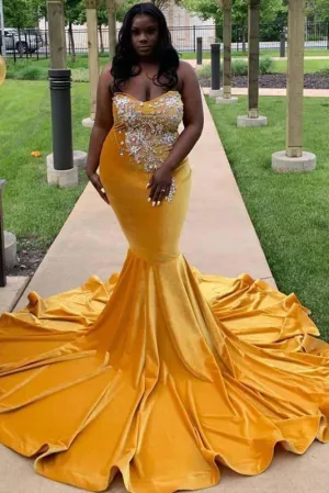 Yellow Sleeveless Sweetheart Mermaid Prom Dresses with Train